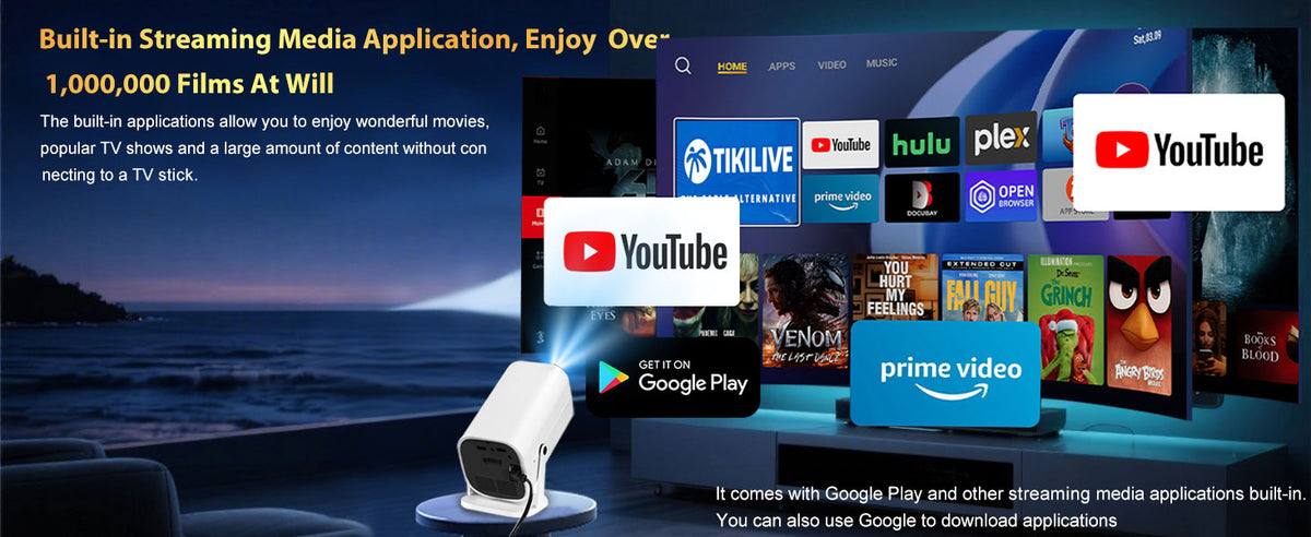 YGSKK mini projector with built-in streaming apps including YouTube and Prime Video