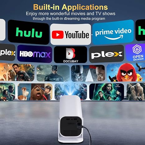 YGSKK projector with built-in streaming apps including Hulu, YouTube, Prime Video, HBO Max and Plex